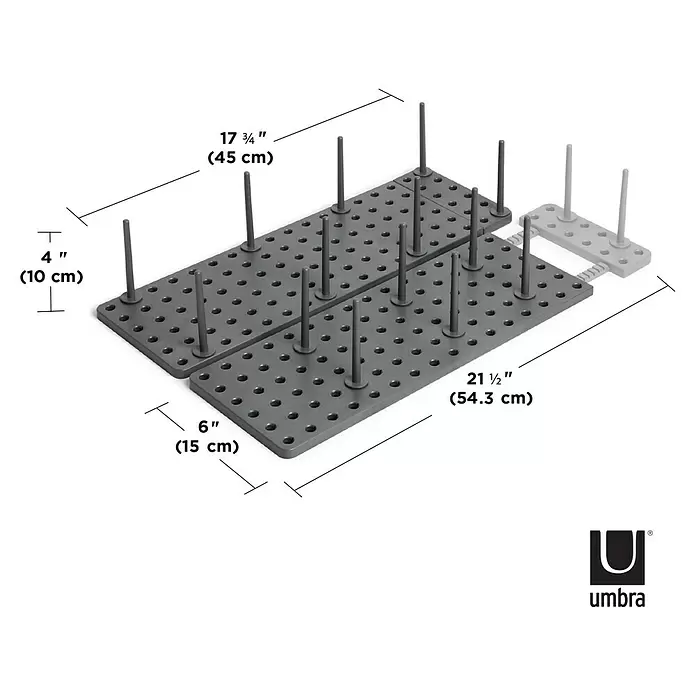 Umbra Schubladeneinsatz-Set Peggy - 45 cm, 15 cm, 1 cm, Grau, 2 Stk. - Graues, modulares Schubladen-Ordnungssystem aus Kunststoff mit perforierten Matten und flexiblen Stiften zur individuellen Aufbewahrung. Maße angegeben.