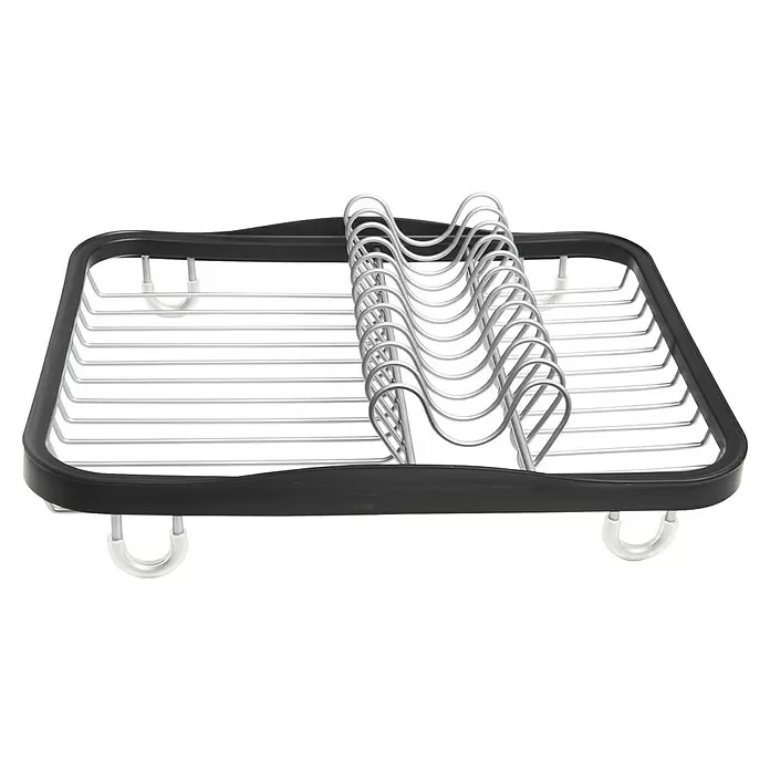 Umbra Abtropfgestell Sinkin - L x B x H: 36 x 28 x 14 cm, Edelstahl, Schwarz-Nickel - Schwarz-silbernes Geschirrabtropfgestell mit Metallgitterschlitzen für Teller und Haken unten.