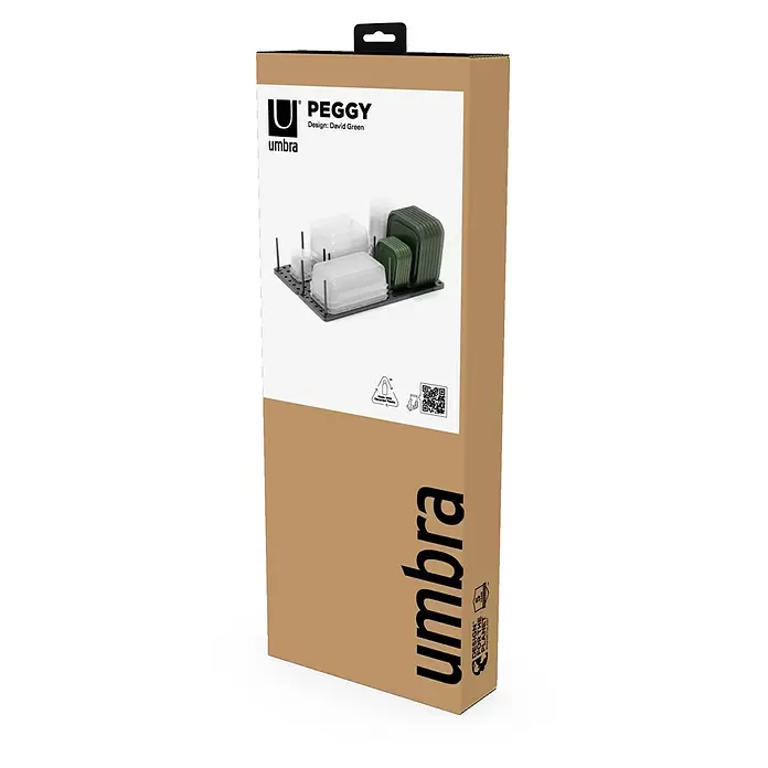 Umbra Schubladeneinsatz-Set Peggy - 45 cm, 15 cm, 1 cm, Grau, 2 Stk. - Brauner Karton für Umbra Peggy Produkt, zeigt einen Steckerorganizer und Umweltzeichen.