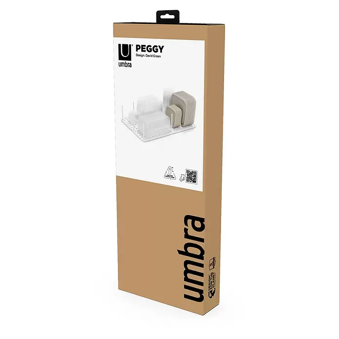 Umbra Schubladeneinsatz-Set Peggy - 45 cm, 15 cm, 1 cm, Weiß - Brauner Karton für Umbra Peggy Küchenorganizer, zeigt weiße Basis und durchsichtige/beige Behälter auf dem Etikett.