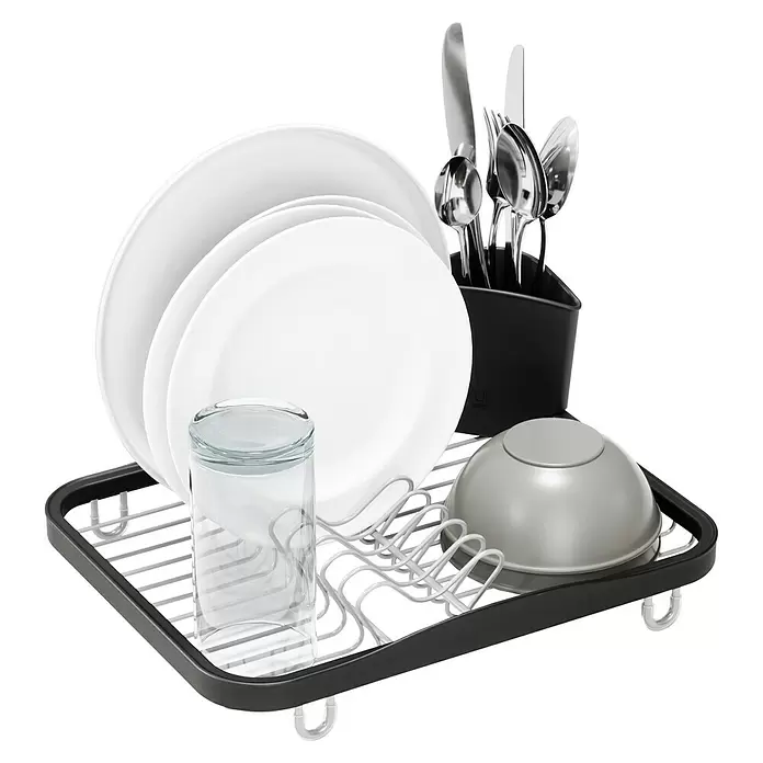 Umbra Abtropfgestell Sinkin - L x B x H: 36 x 28 x 14 cm, Edelstahl, Schwarz-Nickel - Geschirrabtropfgestell mit schwarzem Rahmen und hellen Drähten, mit Tellern, Glas und Besteck in schwarzem Halter.