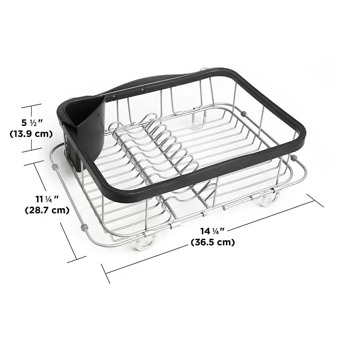 Umbra Abtropfgestell Sinkin - L x B x H: 36 x 29 x 14 cm, Edelstahl, Schwarz/Nickel - Silbernes Geschirrabtropfgestell aus Metall mit schwarzem Kunststoffrand und Besteckhalter.