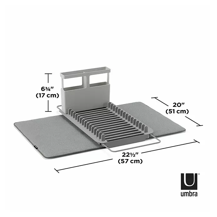 Umbra Abtropfmatte Udry - L x B x H: 51 x 57 x 17 mm, Kunststoff, Grau - Graues Abtropfgestell mit abnehmbarem Besteckhalter und großer Abtropfmatte.