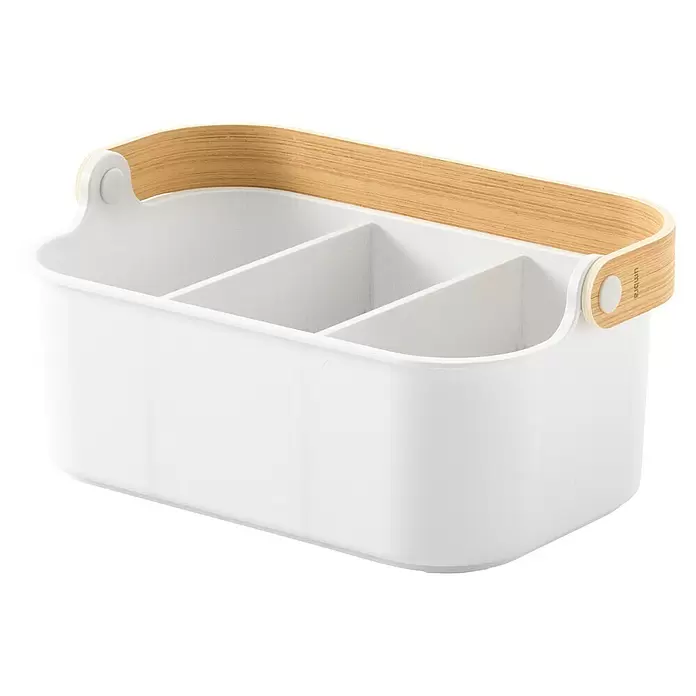 Umbra Aufbewahrungsbox Bellwood - L x B x H: 27 x 12 x 17 cm, Kunststoff, Weiß/Natur - Weißer Kunststoff-Organizer mit drei Fächern und geschwungenem Griff in heller Holzoptik.