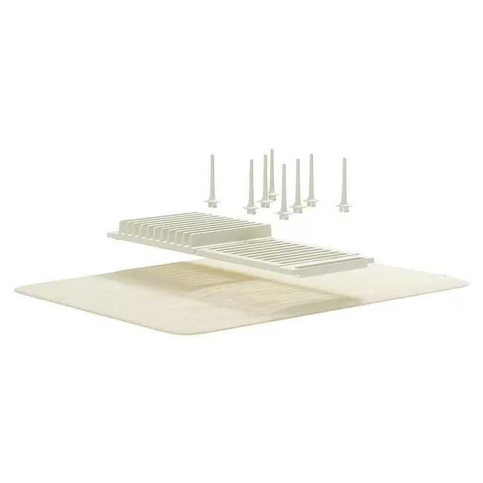 Umbra Abtropfmatte Udry Peg - L x B x H: 47 x 17 x 9 cm, Kunststoff, Beige - Helles cremefarbenes, modulares Geschirrtrockengestell mit Rillenteil, einzelnen Stiften und einer weichen Trockenmatte.