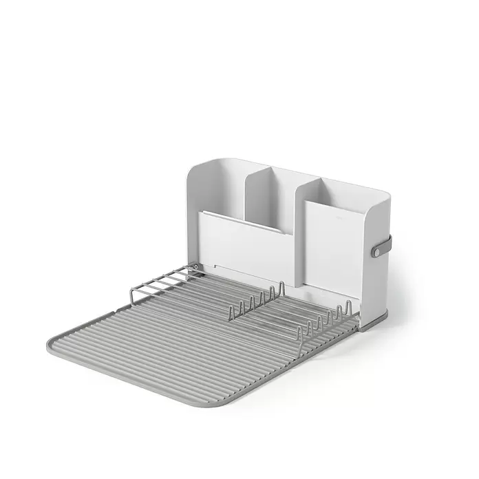 Umbra Abtropfgestell Sling - L x B x H: 33 x 38 x 17 cm, Kunststoff, Grau-Weiß - Weißer und grauer Abtropfkorb mit Besteckfächern und klappbarem Tellerhalter.