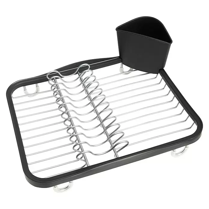 Umbra Abtropfgestell Sinkin - L x B x H: 36 x 28 x 14 cm, Edelstahl, Schwarz-Nickel - Schwarz-silbernes Geschirrabtropfgestell aus Metall mit abnehmbarem schwarzem Besteckhalter.