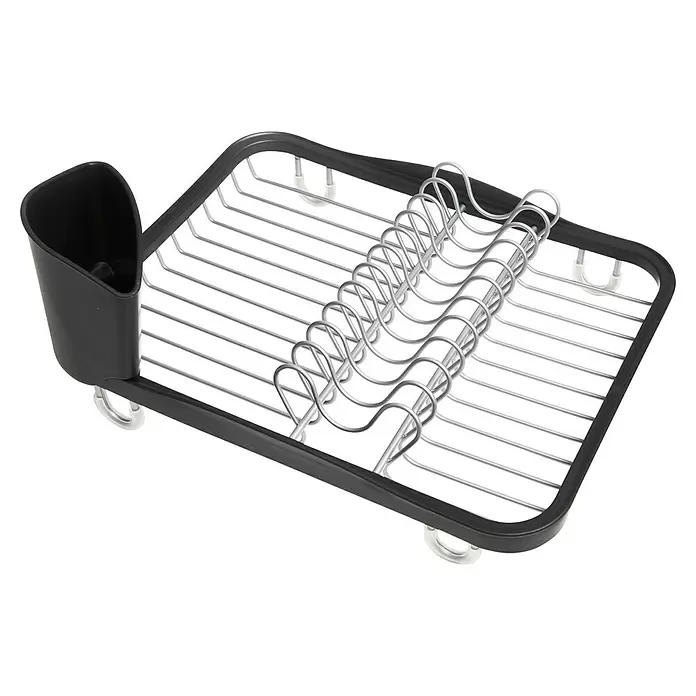 Umbra Abtropfgestell Sinkin - L x B x H: 36 x 28 x 14 cm, Edelstahl, Schwarz-Nickel - Schwarzes Geschirrtrockengestell mit silbernen Drahtfächern für Teller und einem schwarzen Besteckhalter.