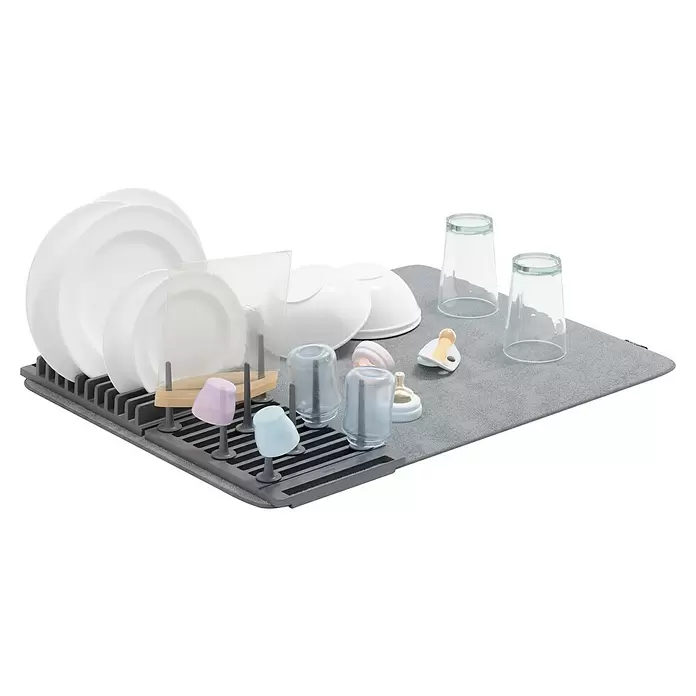 Umbra Abtropfmatte Udry Peg - L x B x H: 47 x 17 x 9 cm, Kunststoff, Anthrazit - Graues Abtropfgestell mit Matte für weiße Teller, Schüsseln, Gläser, Babyflaschen, Sauger und Schnuller.