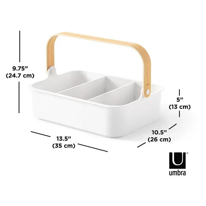 Umbra Aufbewahrungsbox Bellwood - L x B x H: 35 x 13 x 26 cm, Kunststoff, Weiß/Natur - Weißer Caddy mit 3 Fächern und hellem Holzgriff, Maße 24,7H x 35B x 26T cm.