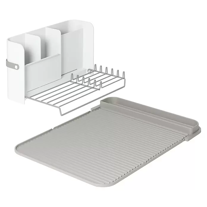 Umbra Abtropfgestell Sling - L x B x H: 33 x 38 x 17 cm, Kunststoff, Grau-Weiß - Weißes Geschirrabtropfgestell mit grauem Abtropfkorb und separatem Abtropftablett, mit integrierten Fächern für Besteck und Küchenutensilien.