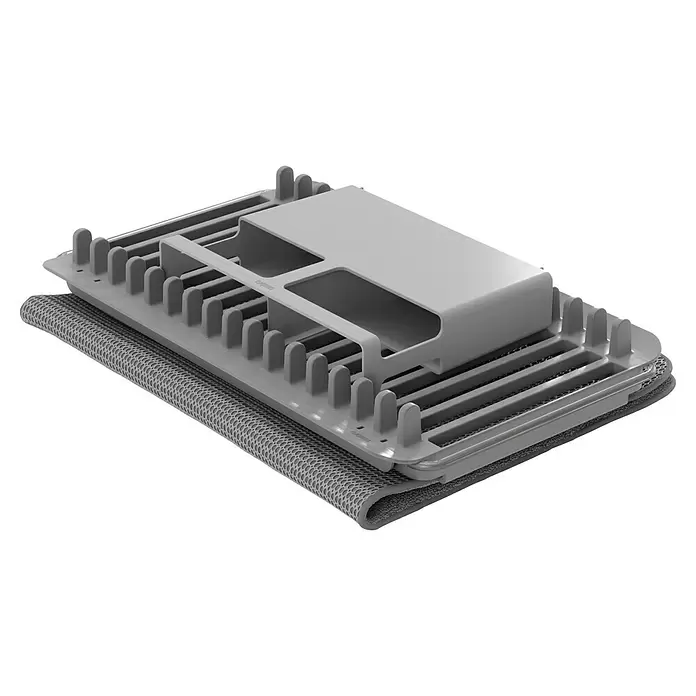 Umbra Abtropfmatte Udry - L x B x H: 51 x 57 x 17 mm, Kunststoff, Grau - Graues Abtropfgestell aus Kunststoff mit Besteckhalter, auf einer grauen Abtropfmatte.
