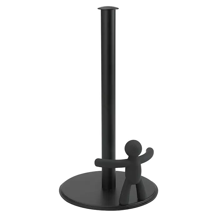 Umbra Küchenrollenhalterung Buddy - L x B x H: 19 x 18 x 34 cm, Schwarz - Schwarzer Papierrollenhalter mit rundem Fuß und hohem Stab, mit einer kleinen schwarzen Figur, die sich am Stab festhält.