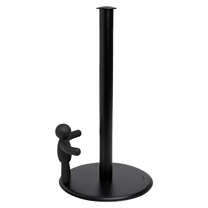Umbra Küchenrollenhalterung Buddy - L x B x H: 19 x 18 x 34 cm, Schwarz - Schwarzer Papierrollenhalter mit hohem Mittelstab, rundem Fuß und kleiner schwarzer Figur auf der Basis.