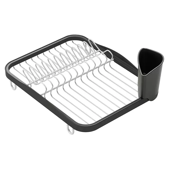 Umbra Abtropfgestell Sinkin - L x B x H: 36 x 28 x 14 cm, Edelstahl, Schwarz-Nickel - Dunkelgraues Geschirrabtropfgestell mit weißen wellenförmigen Metalltrennern und einem befestigten dunkelgrauen Besteckhalter.