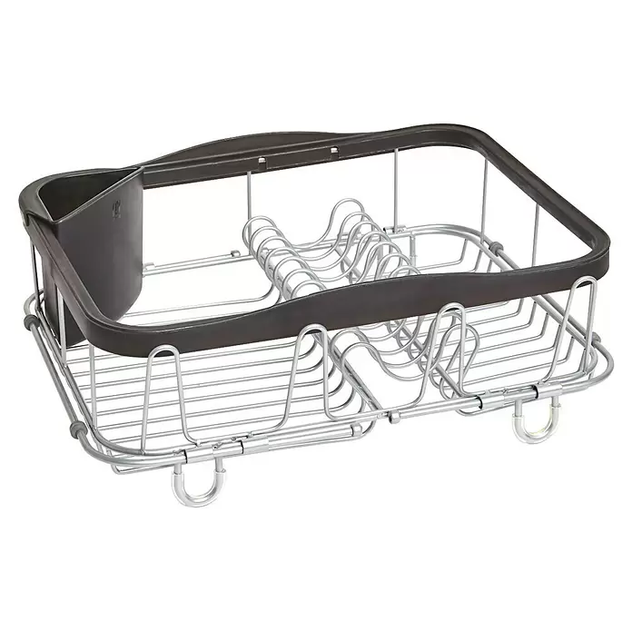 Umbra Abtropfgestell Sinkin - L x B x H: 36 x 29 x 14 cm, Edelstahl, Schwarz/Nickel - Abtropfgestell aus silbernem Metall mit dunkelgrauem Kunststoffrahmen und integriertem Besteckhalter.