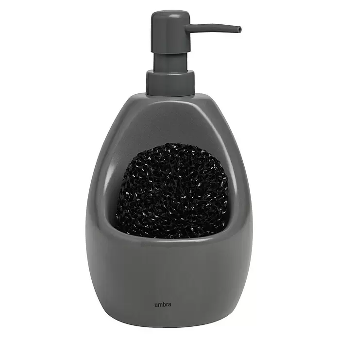 Umbra Seifenspender Joey - Kunststoff, Anthrazit, 590 ml - Dunkelgrauer Seifenspender mit Pumpe und integriertem Halter für einen schwarzen Topfschwamm.