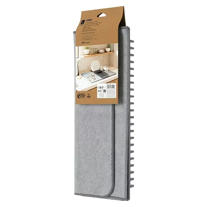 Umbra Abtropfmatte Udry - L x B x H: 61 mm x 46 cm x 4 cm, Kunststoff, Anthrazit - Graues Abtropfgestell mit Matte in brauner Einzelhandelsverpackung aus Karton.
