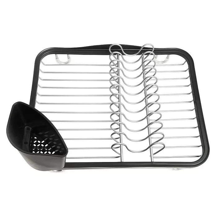 Umbra Abtropfgestell Sinkin - L x B x H: 36 x 28 x 14 cm, Edelstahl, Schwarz-Nickel - Schwarzes und silbernes Geschirrabtropfgestell mit integriertem Besteckhalter zum Lufttrocknen von Küchenutensilien.