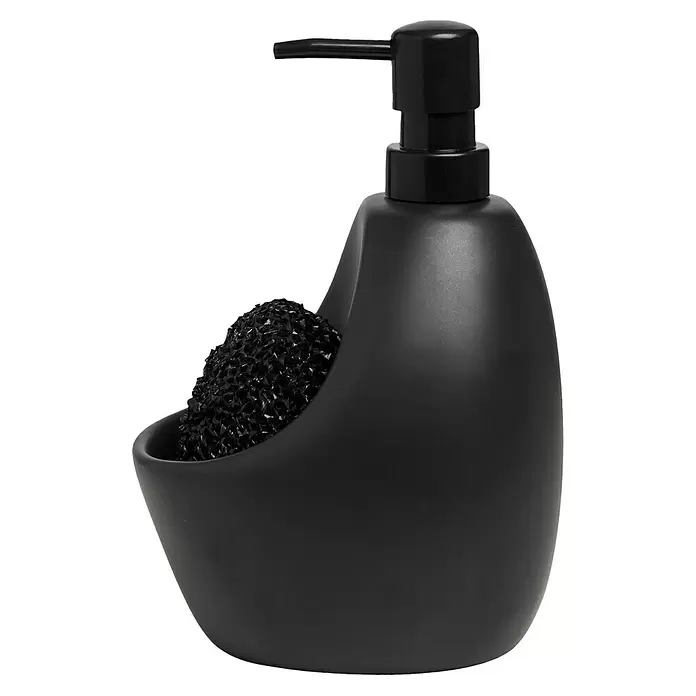 Umbra Seifenspender Joey - Kunststoff, Schwarz, 590 ml - Matter schwarzer Seifenspender mit integriertem Halter für einen schwarzen Topfreiniger.