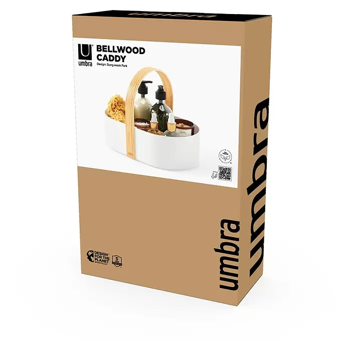 Umbra Aufbewahrungsbox Bellwood - L x B x H: 30 x 20 x 23 cm, Kunststoff, Weiß-Natur - Brauner Karton für Umbra Bellwood Caddy, mit Abbildung des Caddies mit Badeartikeln und Öko-Branding.