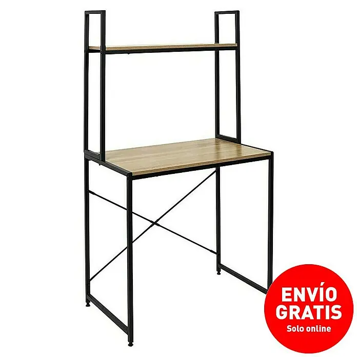 Home Deco Factory Escritorio con estantería Bristot Indus - L x An x Al: 48 x 80 x 145 cm, Negro/Roble - Escritorio moderno con tablero de madera y estructura de metal negro. El diseño incluye una estantería superior para almacenamiento adicional.