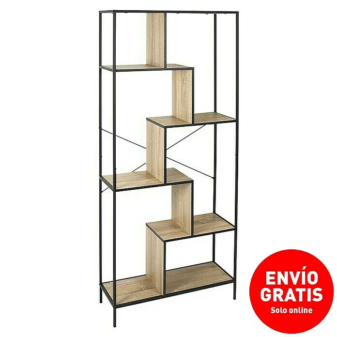 Home Deco Factory Estantería de madera Edison - L x An x Al: 30 x 80 x 180 cm, Negro - Estantería independiente con estructura metálica negra y estantes de madera, mueble moderno para salón u oficina.