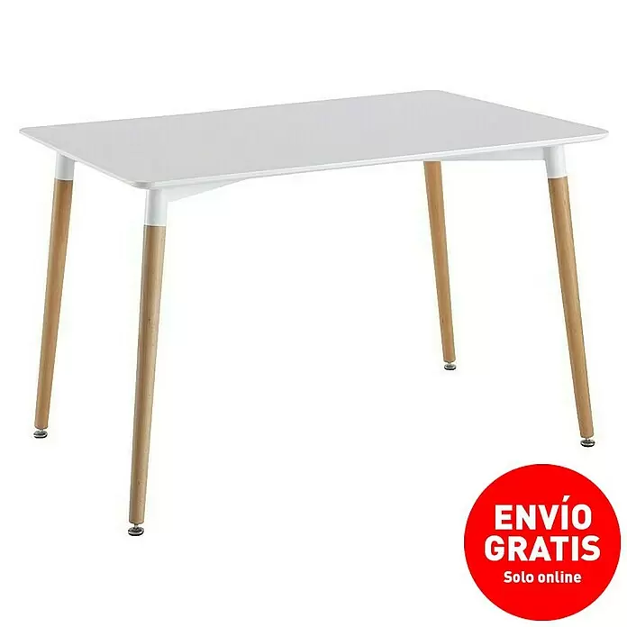 Home Deco Factory Mesa de comedor Mobilier Design - L x An x Al: 75 x 115 x 74 cm, Blanco/Haya - Mesa de comedor rectangular blanca con patas de madera clara. Diseño moderno para cocinas o comedores pequeños.