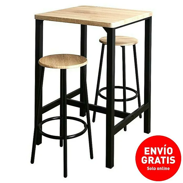 Home Deco Factory Mesa alta con taburetes Loka - L x An x Al: 60 x 60 x 86 cm, Marrón/Negro - Un conjunto de bar con una mesa cuadrada de madera y dos taburetes con estructura de metal negro. Ideal para cocina o comedor.