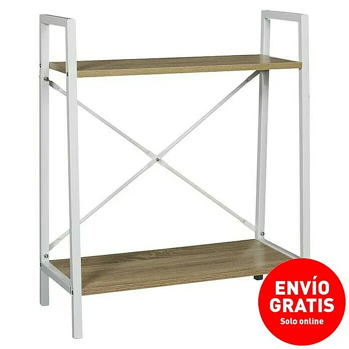 Home Deco Factory Estantería de madera Natural Crush - L x An x Al: 27 x 60 x 70 cm, Blanco - Imagen de una estantería de dos niveles con chapa de madera clara y estructura de metal blanco.
