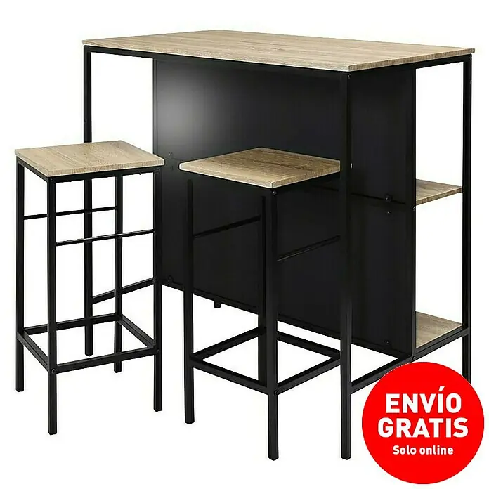 Home Deco Factory Mesa alta con taburetes Loka - L x An x Al: 60 x 100 x 95 cm, Negro/Roble, 3 pzs. - Imagen de un conjunto de bar con una mesa de bar con estantes y dos taburetes, todo en negro y madera clara.