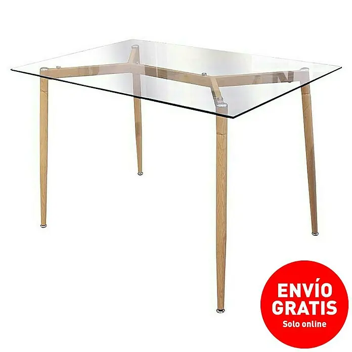 Mesa de comedor Cristal - L x An x Al: 75 x 115 x 75 cm, Transparente - Mesa de comedor de cristal con patas de madera: Una pieza elegante para tu comedor. Diseño moderno para decoración contemporánea.