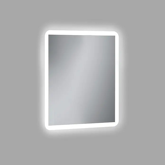 Camargue Lichtspiegel Astro - 60 x 70 cm, Leuchtmittel - Quadratischer Spiegel mit abgerundeten Ecken und LED-Hintergrundbeleuchtung, perfekt für moderne Badezimmer.