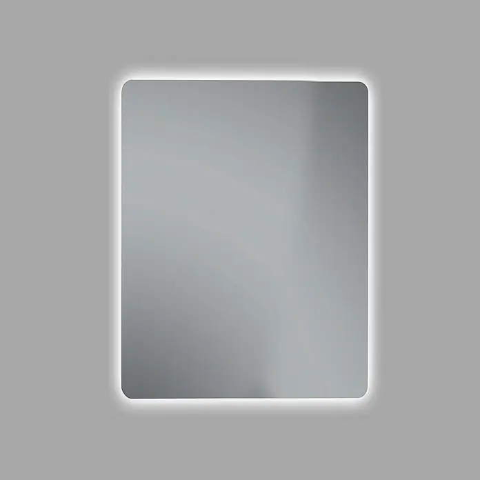 Camargue Lichtspiegel Romulo60 x 70 cm, Leuchtmittel - Beleuchteter rechteckiger Spiegel mit abgerundeten Ecken auf grauem Hintergrund. Ideal für Badezimmer oder Ankleidezimmer.