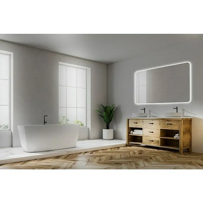 Camargue Lichtspiegel Celia - 100 x 70 cm, Leuchtmittel - Ein modernes Badezimmer mit einer freistehenden Badewanne und einem Waschtisch aus Holz unter einem beleuchteten Spiegel.