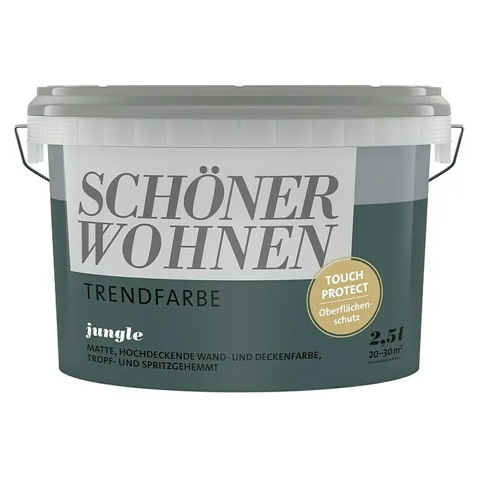 SCHÖNER WOHNEN-Farbe Wandfarbe TrendfarbeJungle, Matt, 2,5 l, Konservierungsmittelfrei - Abbildung eines Eimers Schöner Wohnen Trendfarbe "Jungle" mit Touch Protect Oberflächenschutz, ideal für matte Wände und Decken.