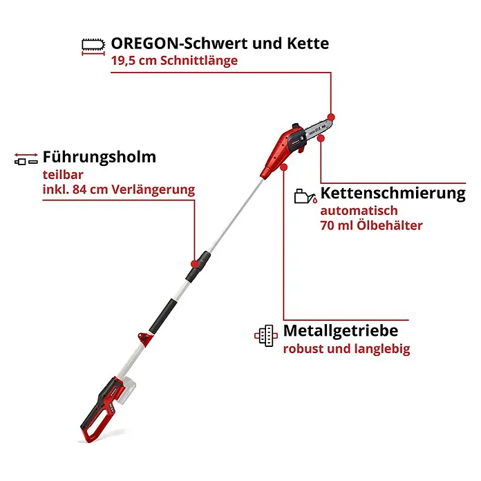 Einhell Power X-Change 18V Akku-Hochentaster GC-LC 18/20LI T-SOLO - 18 V, Ohne Akku, Schwertlänge: 20 cm - Abbildung einer Akku-Hochentaster mit OREGON-Schwert und Kette, 19,5 cm Schnittlänge, teilbarem Führungsholm und automatischer Kettenschmierung.