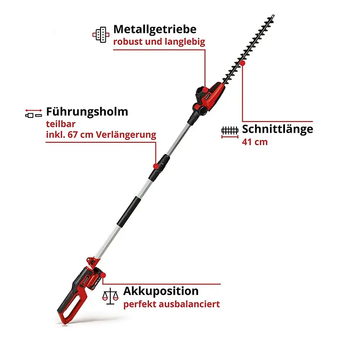 Einhell Power X-Change 18V Teleskop-Heckenschere GC-HH 18/45 LI T-SO - 18 V, Li-Ionen, Ohne Akku, Schnittlänge: 41 cm - Abbildung einer Akku-betriebenen Hochentaster mit Metallgetriebe, teilbarem Führungsholm und einer Schnittlänge von 41 cm.