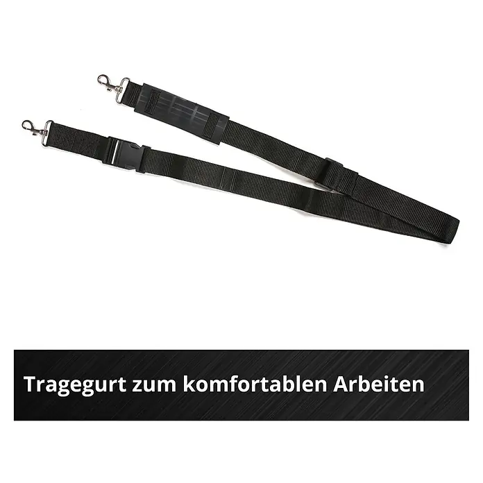 Einhell Power X-Change 18V Teleskop-Heckenschere GC-HH 18/45 LI T-SO - 18 V, Li-Ionen, Ohne Akku, Schnittlänge: 41 cm - Tragegurt für komfortables Arbeiten. Der Gurt ist schwarz und hat silberne Karabinerhaken. Er ist verstellbar und gepolstert.