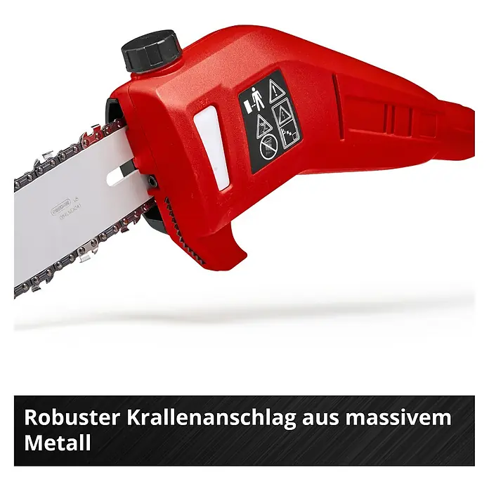 Einhell Power X-Change 18V Akku-Hochentaster GC-LC 18/20LI T-SOLO - 18 V, Ohne Akku, Schwertlänge: 20 cm - Nahaufnahme einer roten Akku-Kettensäge mit Metallschiene.