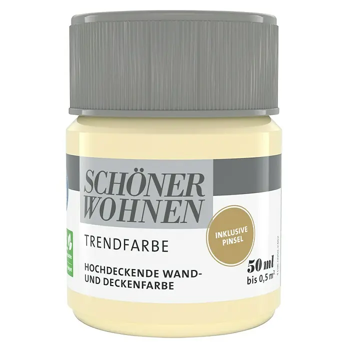 SCHÖNER WOHNEN-Farbe Farbtester Trendfarbe - Cashmere, Matt, 50 ml, Konservierungsmittelfrei - Nahaufnahme einer Dose SCHÖNER WOHNEN Trendfarbe Wand- und Deckenfarbe mit inklusivem Pinsel.