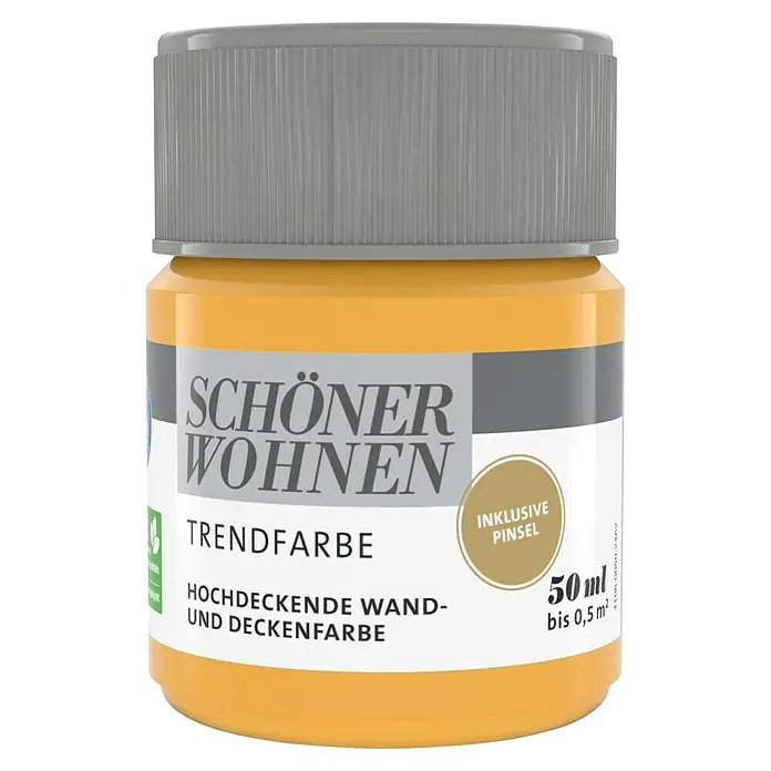 SCHÖNER WOHNEN-Farbe Farbtester Trendfarbe - Honey, Matt, 50 ml, Konservierungsmittelfrei - Ein Topf "Schöner Wohnen" Trendfarbe, hochdeckende Wand- und Deckenfarbe, mit grauem Deckel. Inklusive Pinsel und 50ml Inhalt.