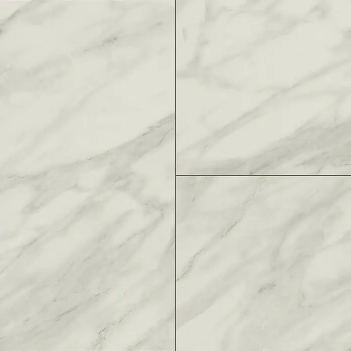 LOGOCLIC Ceramico Laminat - Amelia, Fliese, 638 x 330 x 8 mm - Nahaufnahme von vier Marmorfliesen mit eleganter Maserung, die ein luxuriöses und modernes Erscheinungsbild bieten.