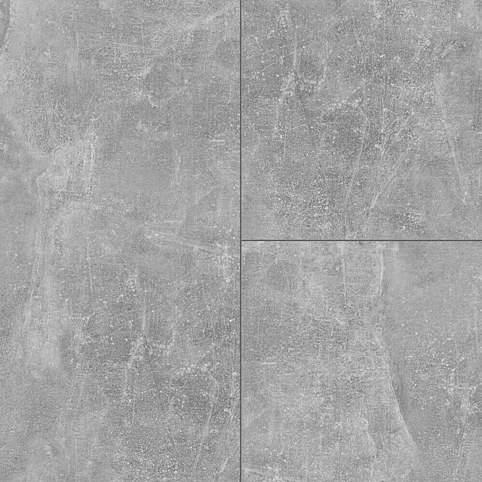 LOGOCLIC Laminatmuster Ceramico Luzzi - 297 x 195 x 1 mm, Fliesenoptik - Texturierte, graue Bodenfliesen für ein modernes Interieur. Die Fliesen sind quadratisch und haben eine raue, steinartige Oberfläche.