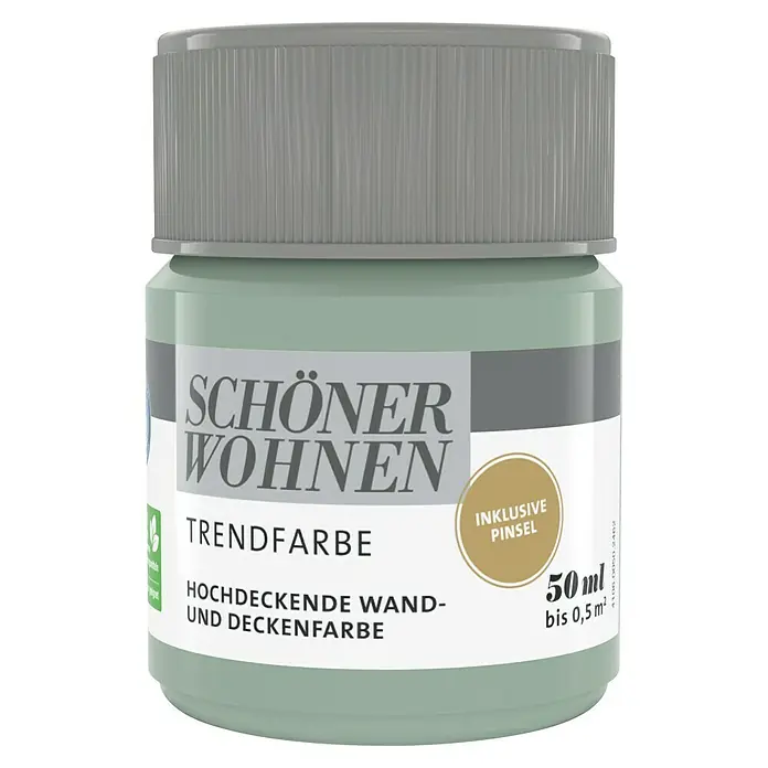SCHÖNER WOHNEN-Farbe Farbtester Trendfarbe - Spa, Matt, 50 ml, Konservierungsmittelfrei - Abbildung eines kleinen Topfes mit grüner "Schöner Wohnen"-Trendfarbe, inklusive Pinsel und einer Kapazität von 50 ml.
