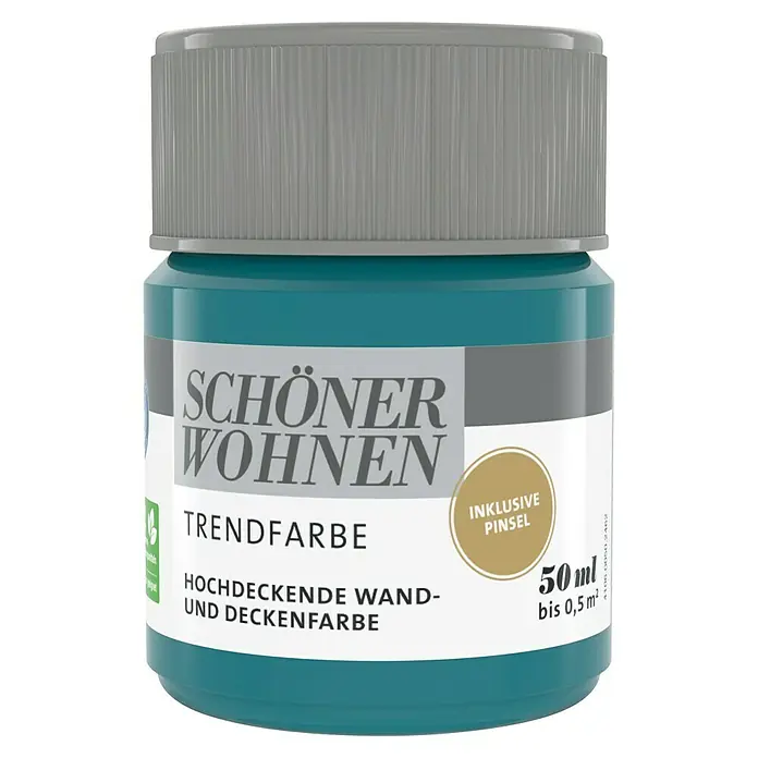 SCHÖNER WOHNEN-Farbe Farbtester Trendfarbe - Lagune, Matt, 50 ml, Konservierungsmittelfrei - Nahaufnahme einer Dose SCHÖNER WOHNEN Trendfarbe Wand- und Deckenfarbe, inklusive Pinsel, mit einer Füllmenge von 50ml für bis zu 0,5m².