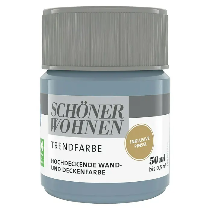 SCHÖNER WOHNEN-Farbe Farbtester Trendfarbe - Denim, Matt, 50 ml, Konservierungsmittelfrei - Farbtiegel "Schöner Wohnen Trendfarbe" für Wand- und Deckenfarbe, inklusive Pinsel, 50 ml für bis zu 0,5 m², in modernem Design.