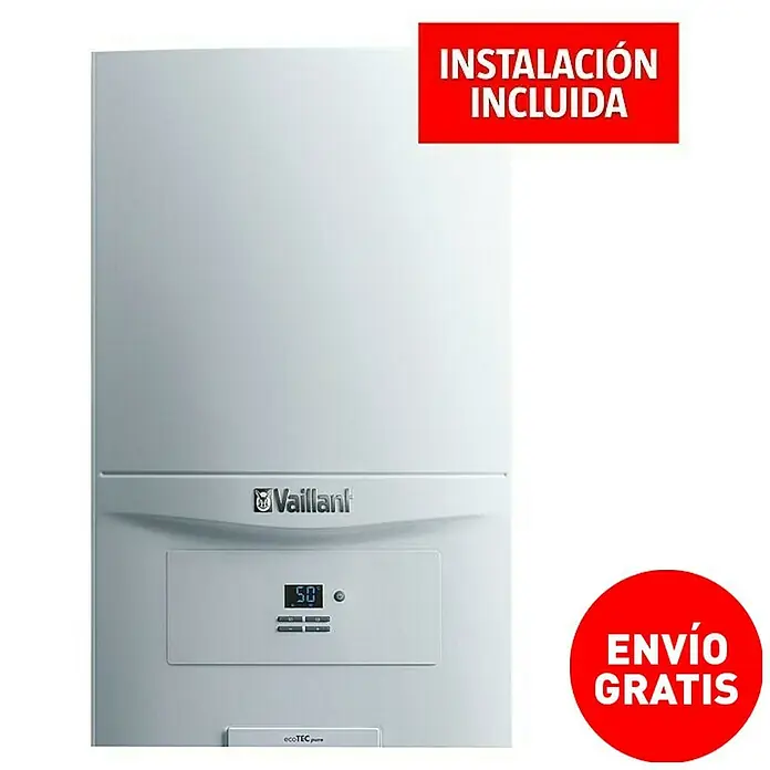 Vaillant Caldera ecoTEC pure 236/7-2 con instalación incluida - 24 kW, 8 l, Display multifunción - Imagen de una caldera de condensación a gas Vaillant ecoTEC pure con pantalla digital y el logotipo de Vaillant. Instalación y envío incluidos.