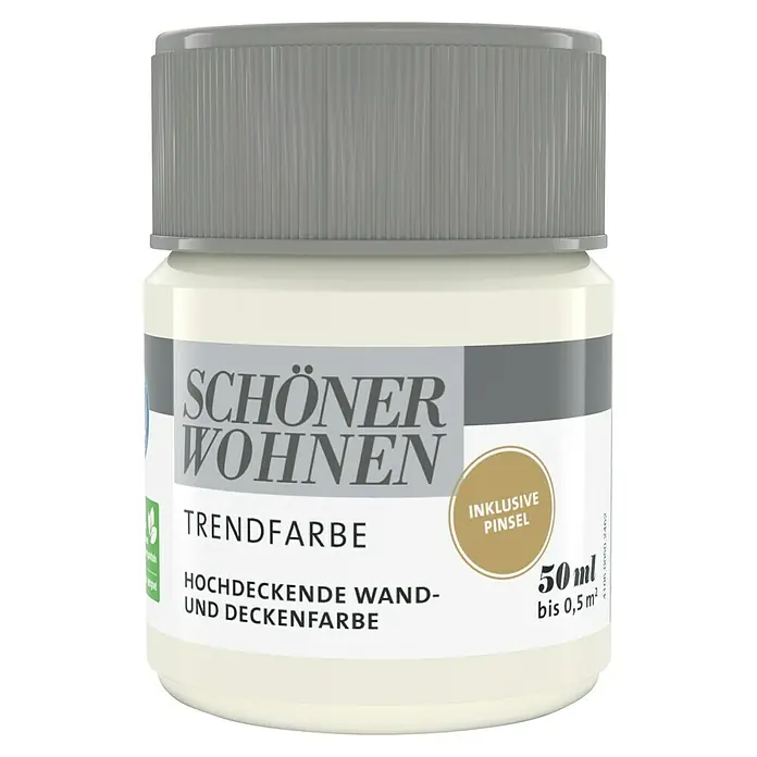 SCHÖNER WOHNEN-Farbe Farbtester Trendfarbe - Wool, Matt, 50 ml, Konservierungsmittelfrei - Abbildung einer Dose "Schöner Wohnen Trendfarbe" Wand- und Deckenfarbe (50ml) mit grauem Deckel und einem goldenen Aufkleber, der den inklusiven Pinsel hervorhebt.