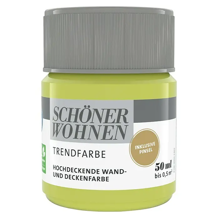 SCHÖNER WOHNEN-Farbe Farbtester Trendfarbe - Fresh, Matt, 50 ml, Konservierungsmittelfrei - Farbtiegel "Schöner Wohnen" Trendfarbe, hochdeckende Wand- und Deckenfarbe in Gelbgrün mit grauem Deckel, inklusive Pinsel und 50ml Inhalt.